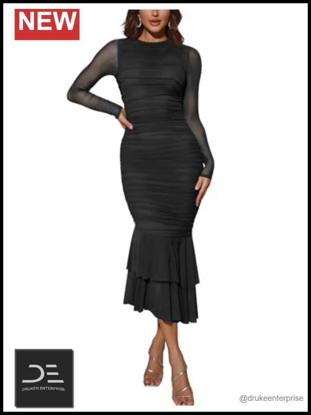 Ruched Bodycon Maxi Dress Long Sleeve Mermaid Evening Cocktail Formal Party